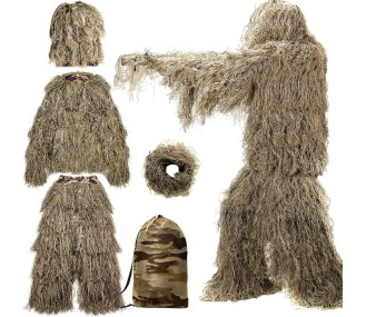 Desert 5 in 1 Ghillie Suit, 3D Camouflage Hunting Apparel Including Jacket, Pants, Hood, Carry Bag Suitable for Unisex Adults/Youth