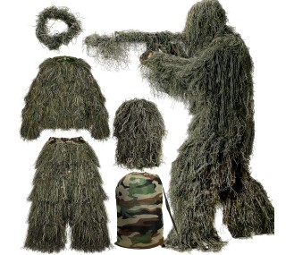 5 in 1 Ghillie Suit, 3D Camouflage Hunting Apparel Including Jacket, Pants, Hood, Carry Bag Suitable for Unisex Adults/Youth